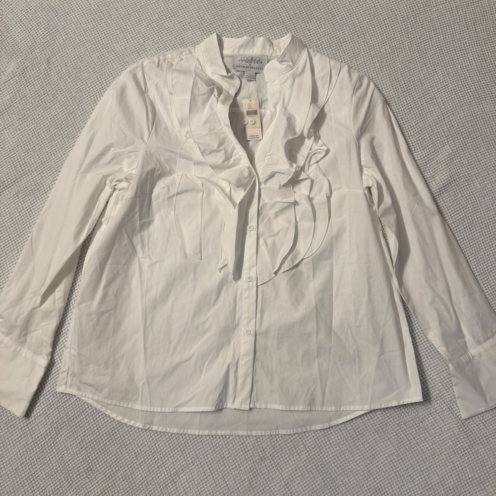 Mare Mare x Anthropologie White Ruffle Front Button Down Blouse Large NWT